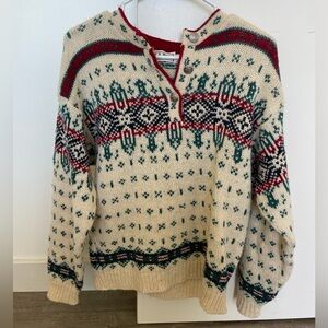 L.L Bean Women’s Vintage Nordic Ski Holiday Wool Quarter Button Sweater